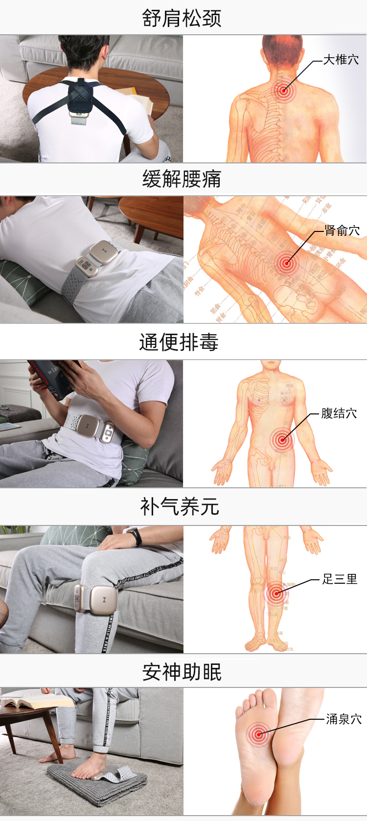 舒肩松頸、緩解腰痛、通便排毒、補氣養(yǎng)元、安神助眠